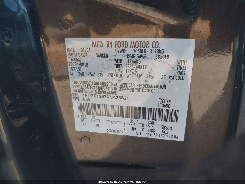 2006 Ford F-150 Lariat/Xl/Xlt VIN: 1FTPX12576NA28821 Lot: 43986716