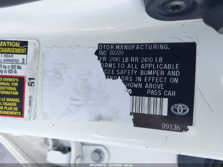 2020 Toyota Camry Le VIN: 4T1C11AK5LU355660 Lot: 43986720