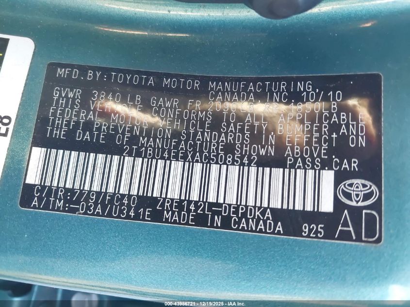 2010 Toyota Corolla Le VIN: 2T1BU4EEXAC508542 Lot: 43986721