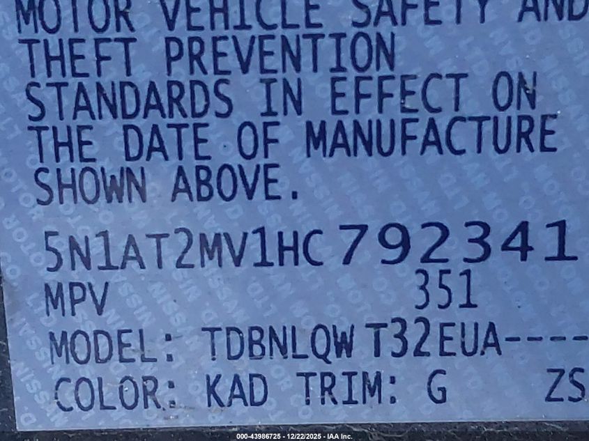 2017 Nissan Rogue Sv VIN: 5N1AT2MV1HC792341 Lot: 43986725