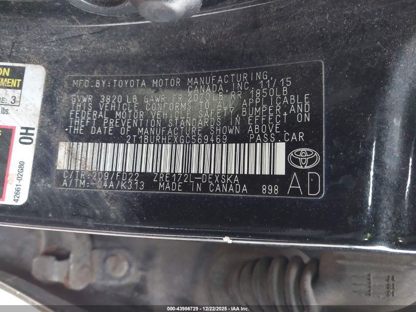 2016 Toyota Corolla S Plus VIN: 2T1BURHEXGC569469 Lot: 43986729