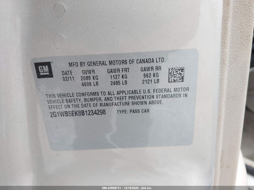 2011 Chevrolet Impala Lt VIN: 2G1WB5EK8B1234298 Lot: 43986731