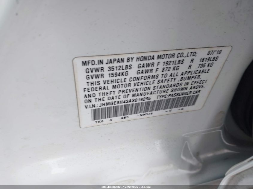 2010 Honda Fit Sport VIN: JHMGE8H43AS019295 Lot: 43986732