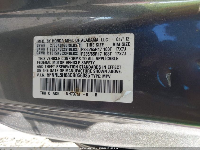 2012 Honda Odyssey Ex-L VIN: 5FNRL5H68CB056035 Lot: 43986735