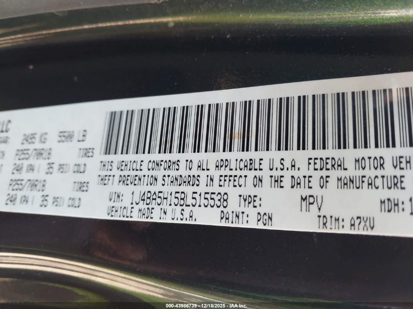 2011 Jeep Wrangler Unlimited Sahara VIN: 1J4BA5H15BL515538 Lot: 43986739