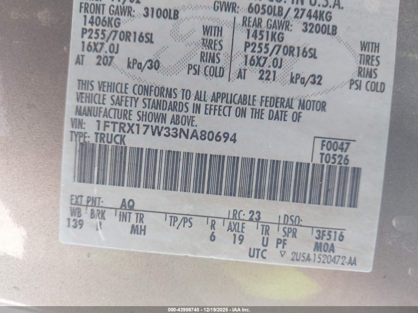 2003 Ford F-150 Lariat/Xl/Xlt VIN: 1FTRX17W33NA80694 Lot: 43986740