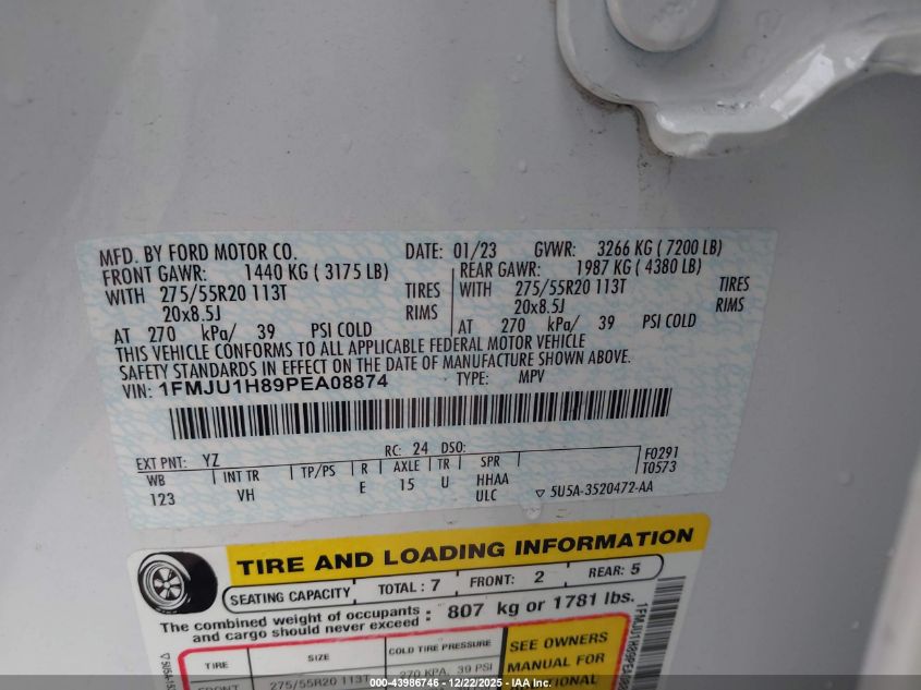 2023 Ford Expedition Xlt VIN: 1FMJU1H89PEA08874 Lot: 43986746