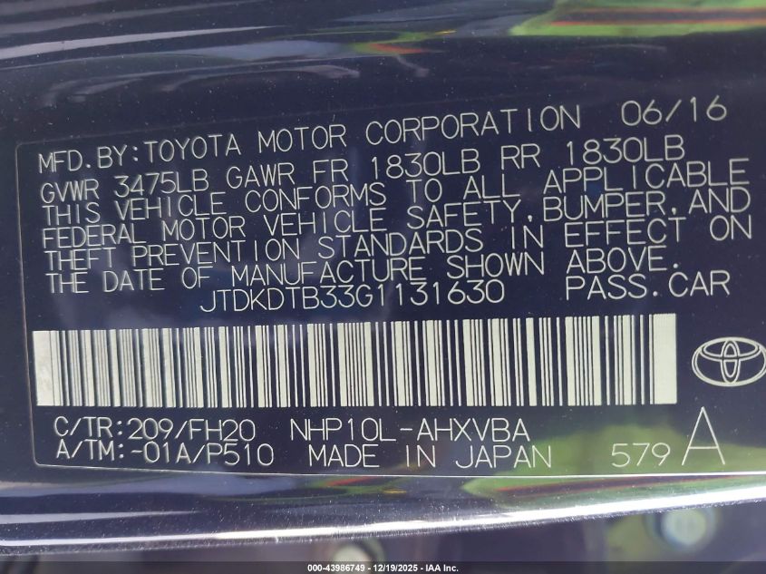 2016 Toyota Prius C One VIN: JTDKDTB33G1131630 Lot: 43986749