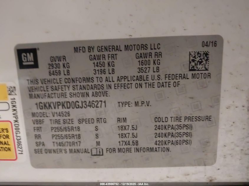 2016 GMC Acadia Sle-2 VIN: 1GKKVPKD0GJ346271 Lot: 43986752