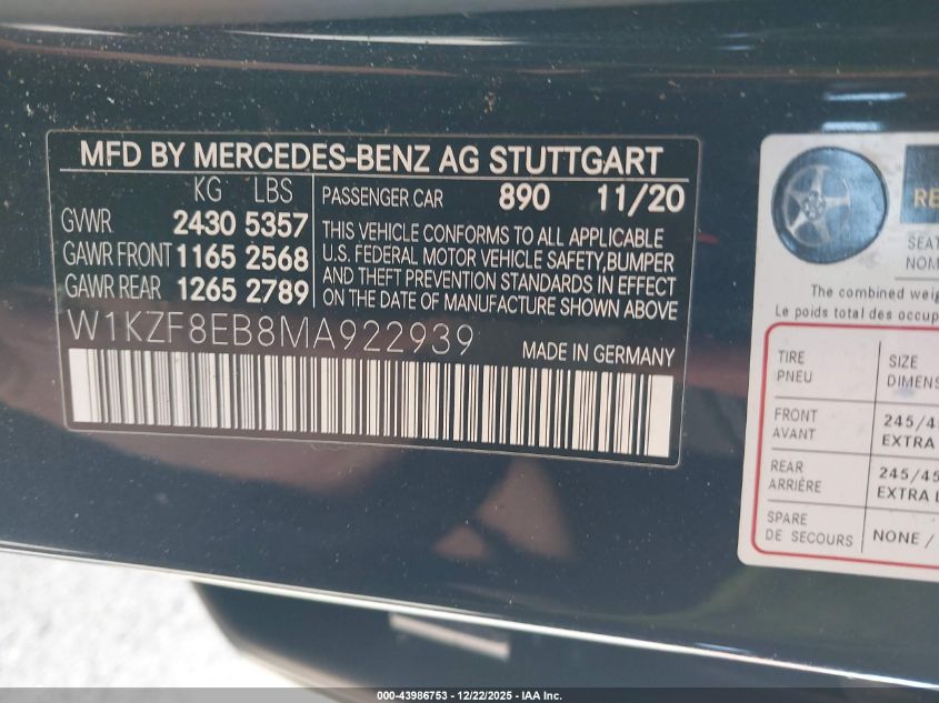 2021 Mercedes-Benz E 350 4Matic VIN: W1KZF8EB8MA922939 Lot: 43986753