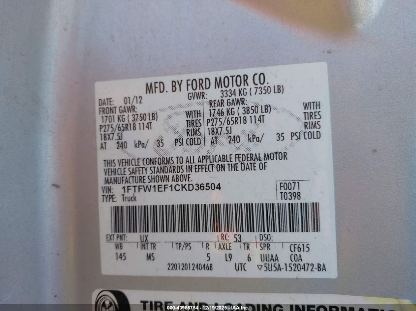 2012 Ford F-150 Xlt VIN: 1FTFW1EF1CKD36504 Lot: 43986754
