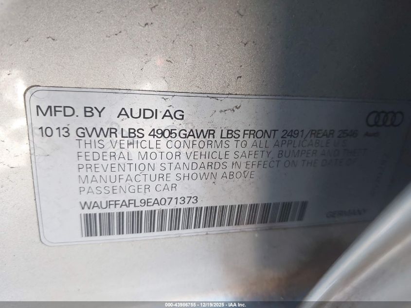 2014 Audi A4 2.0T Premium VIN: WAUFFAFL9EA071373 Lot: 43986755