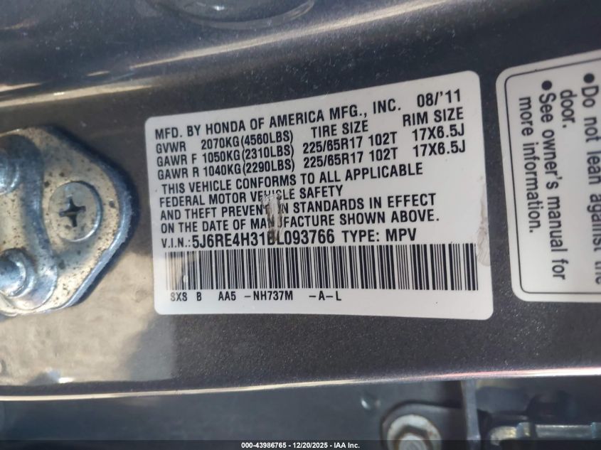 2011 Honda Cr-V Lx VIN: 5J6RE4H31BL093766 Lot: 43986765