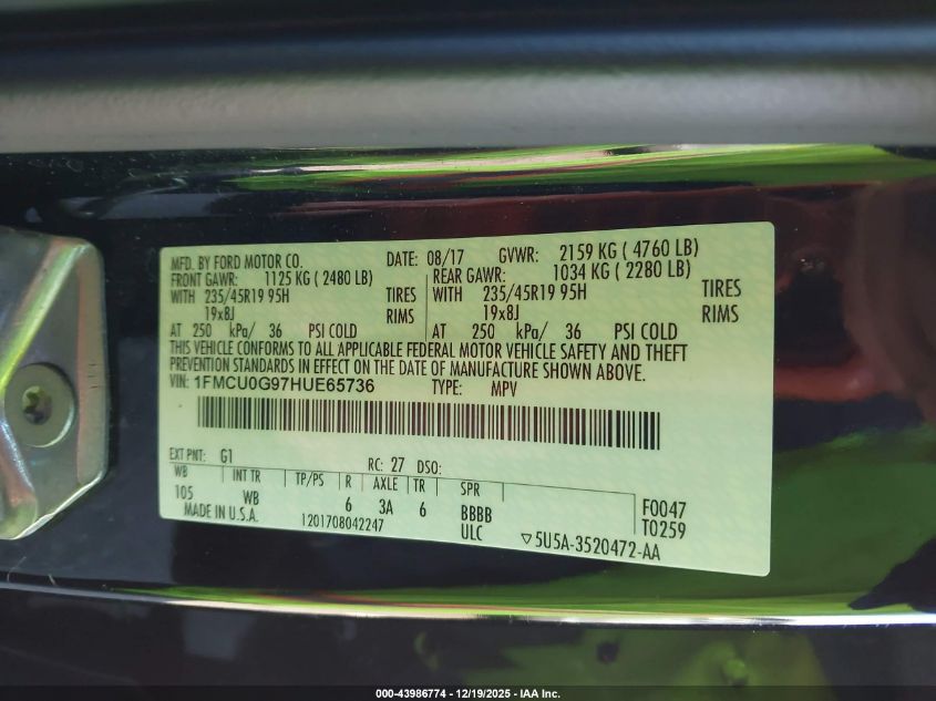 2017 Ford Escape Se VIN: 1FMCU0G97HUE65736 Lot: 43986774