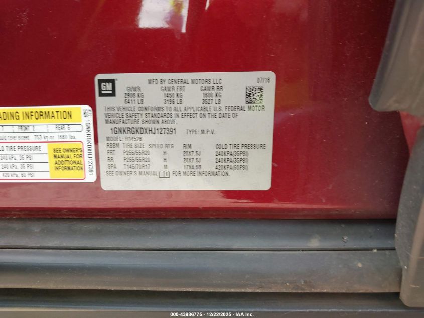 2017 Chevrolet Traverse 1Lt VIN: 1GNKRGKDXHJ127391 Lot: 43986775