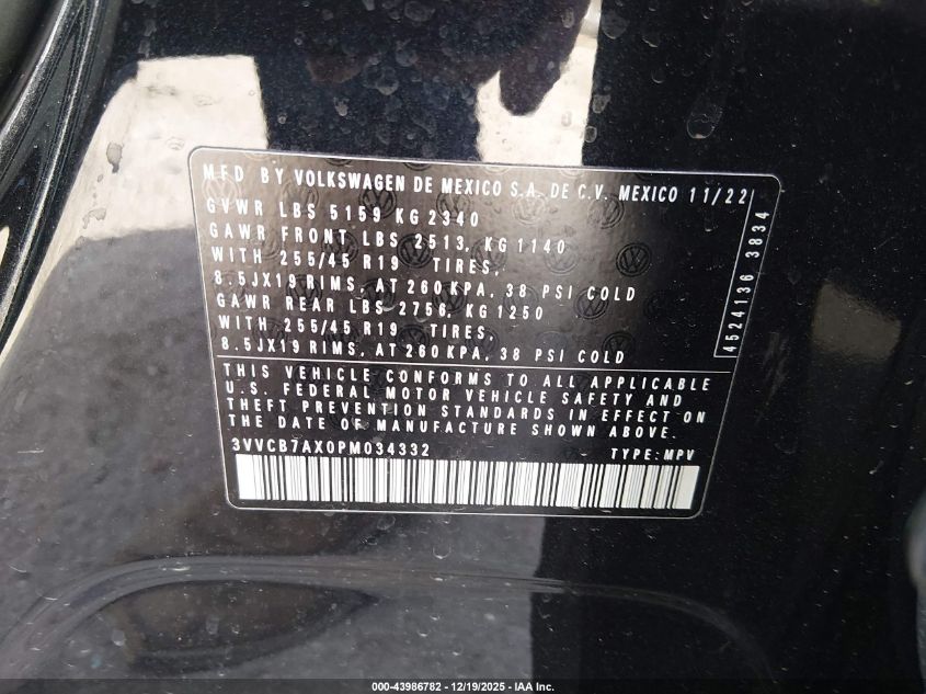 2023 Volkswagen Tiguan 2.0T Se R-Line Black VIN: 3VVCB7AX0PM034332 Lot: 43986782