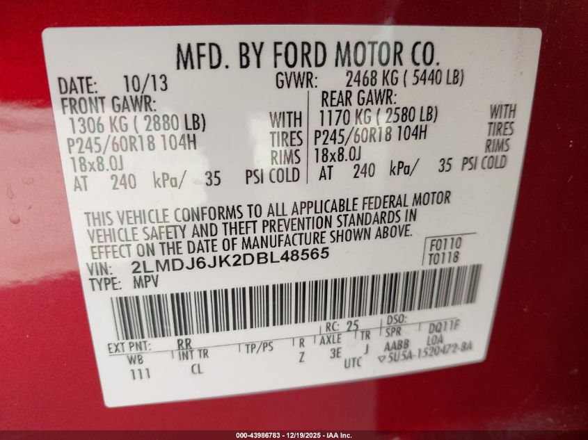 2013 Lincoln Mkx VIN: 2LMDJ6JK2DBL48565 Lot: 43986783