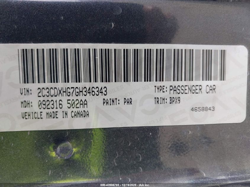 2016 Dodge Charger Sxt VIN: 2C3CDXHG7GH346343 Lot: 43986785