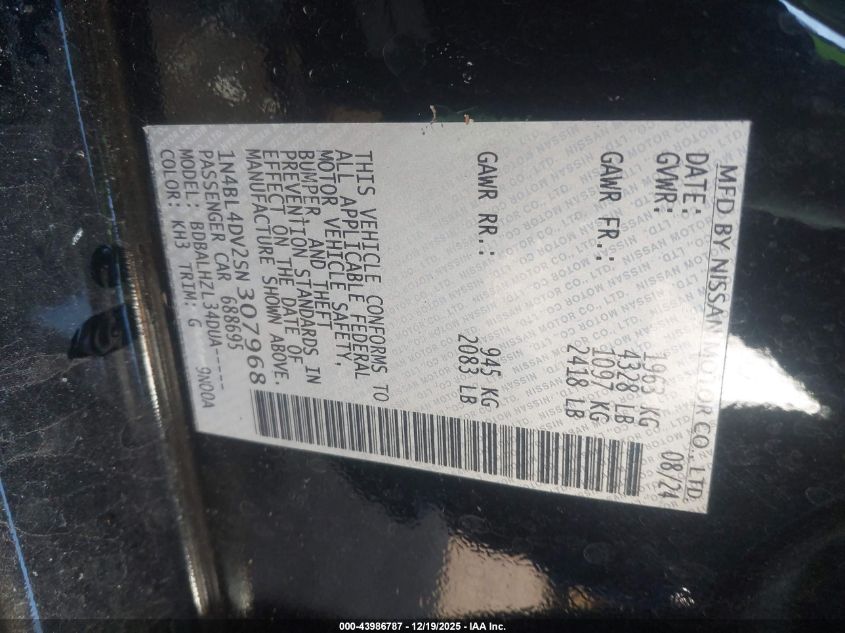 2025 Nissan Altima Sv Fwd VIN: 1N4BL4DV2SN307968 Lot: 43986787