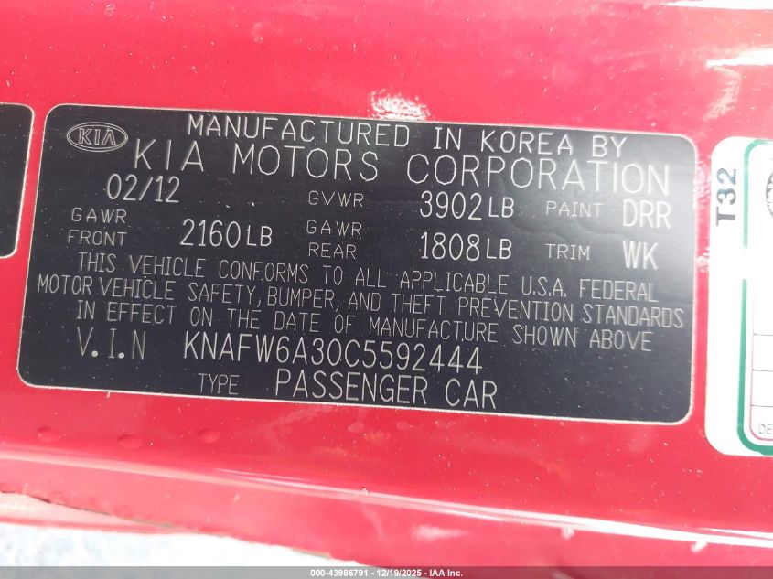 2012 Kia Forte Koup Sx VIN: KNAFW6A30C5592444 Lot: 43986791
