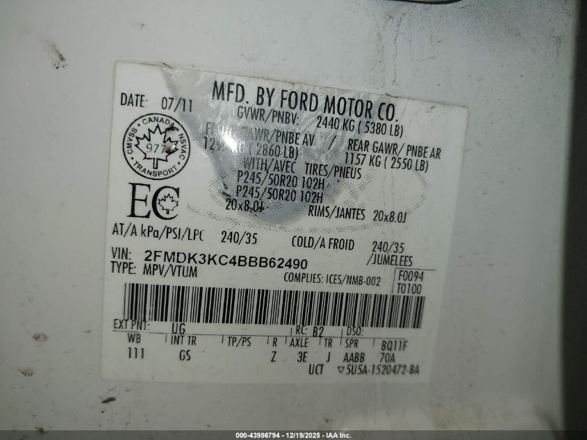 2011 Ford Edge Limited VIN: 2FMDK3KC4BBB62490 Lot: 43986794