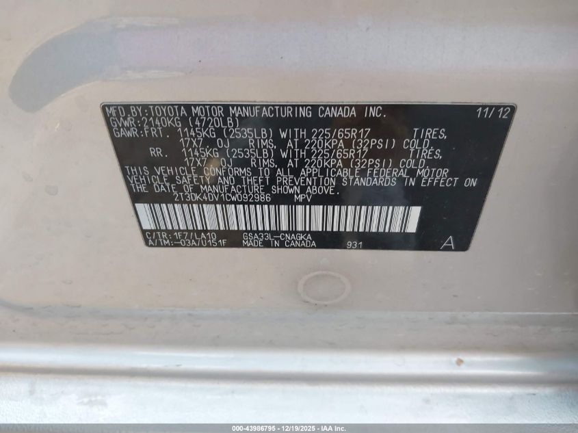 2012 Toyota Rav4 Limited V6 VIN: 2T3DK4DV1CW092986 Lot: 43986795