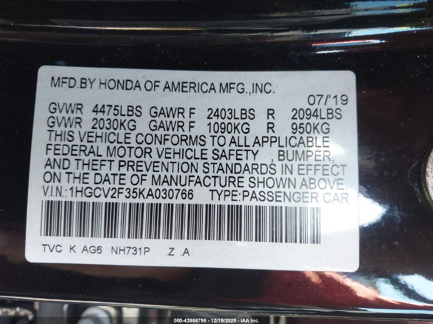 2019 Honda Accord Sport 2.0T VIN: 1HGCV2F35KA030766 Lot: 43986798