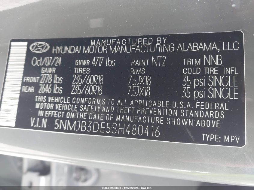 2025 Hyundai Tucson Sel VIN: 5NMJB3DE5SH480416 Lot: 43986801