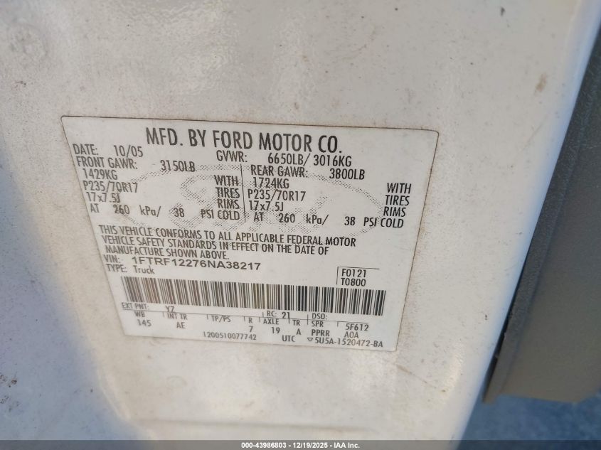 2006 Ford F-150 Stx/Xl/Xlt VIN: 1FTRF12276NA38217 Lot: 43986803