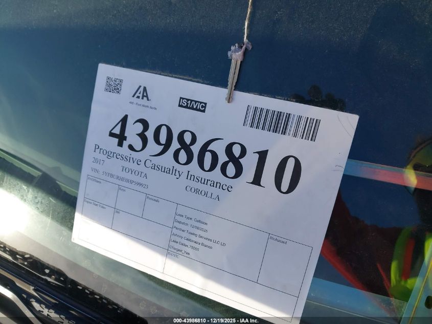 2017 Toyota Corolla Se VIN: 5YFBURHE0HP599923 Lot: 43986810