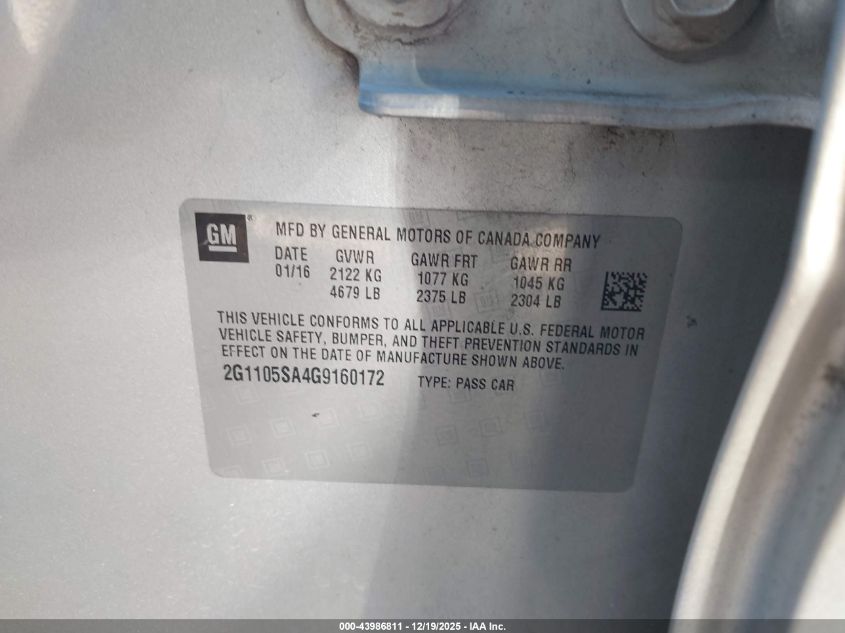 2016 Chevrolet Impala 1Lt VIN: 2G1105SA4G9160172 Lot: 43986811