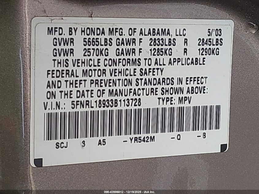 2003 Honda Odyssey Ex-L VIN: 5FNRL18933B113728 Lot: 43986812