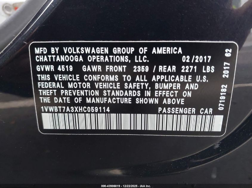 2017 Volkswagen Passat 1.8T Se VIN: 1VWBT7A3XHC059114 Lot: 43986819