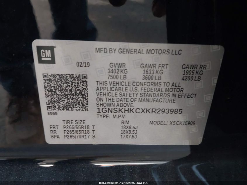 2019 Chevrolet Suburban Lt VIN: 1GNSKHKCXKR293985 Lot: 43986822