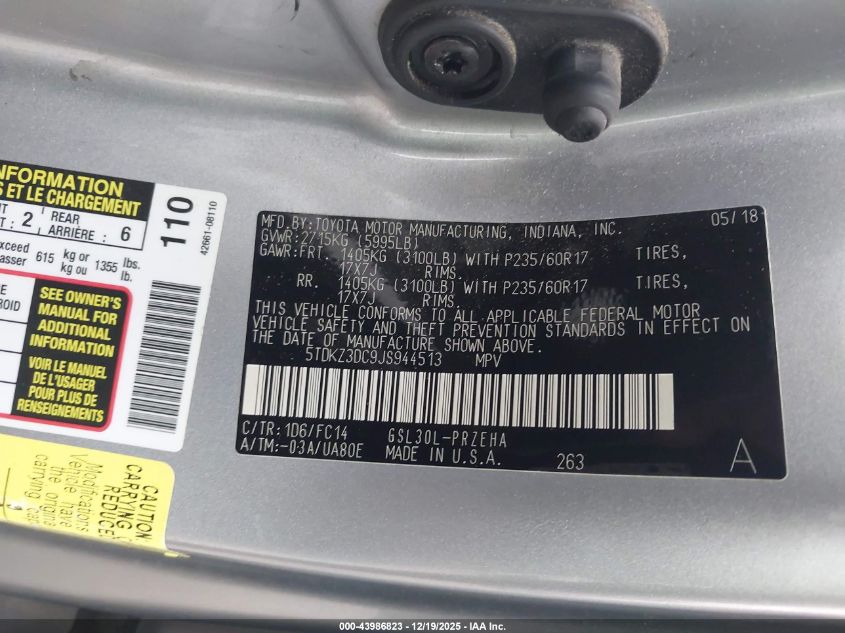 2018 Toyota Sienna Le 8 Passenger VIN: 5TDKZ3DC9JS944513 Lot: 43986823