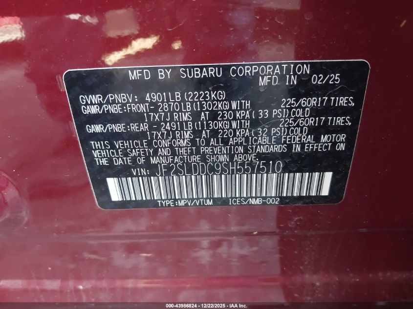 2025 Subaru Forester Premium VIN: JF2SLDDC9SH557510 Lot: 43986824