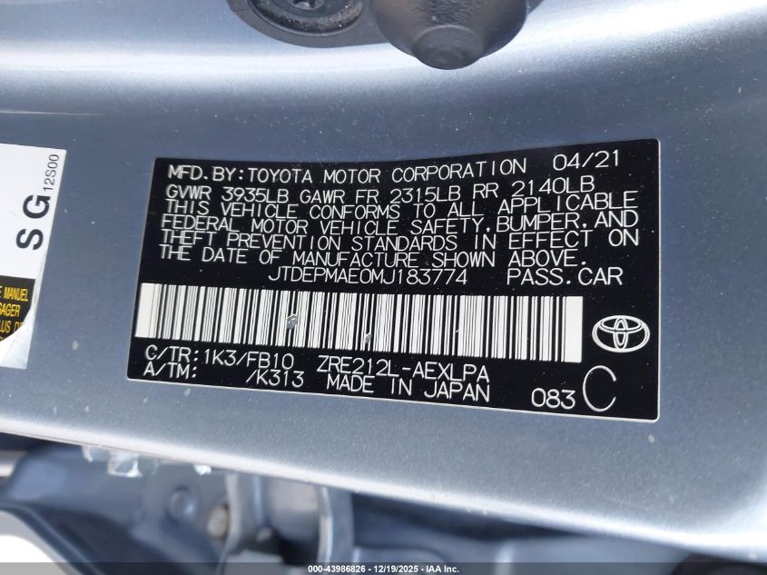 2021 Toyota Corolla Le VIN: JTDEPMAE0MJ183774 Lot: 43986826