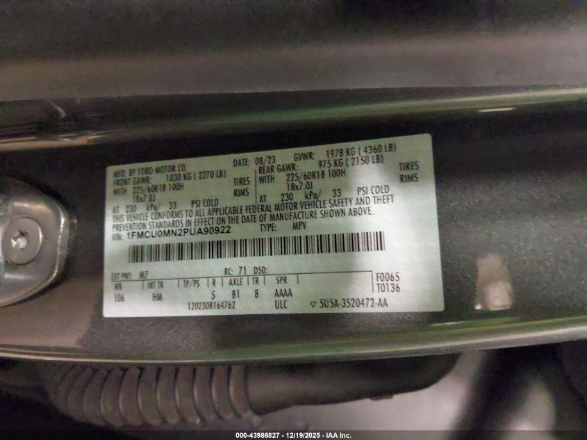 2023 Ford Escape St-Line VIN: 1FMCU0MN2PUA90922 Lot: 43986827