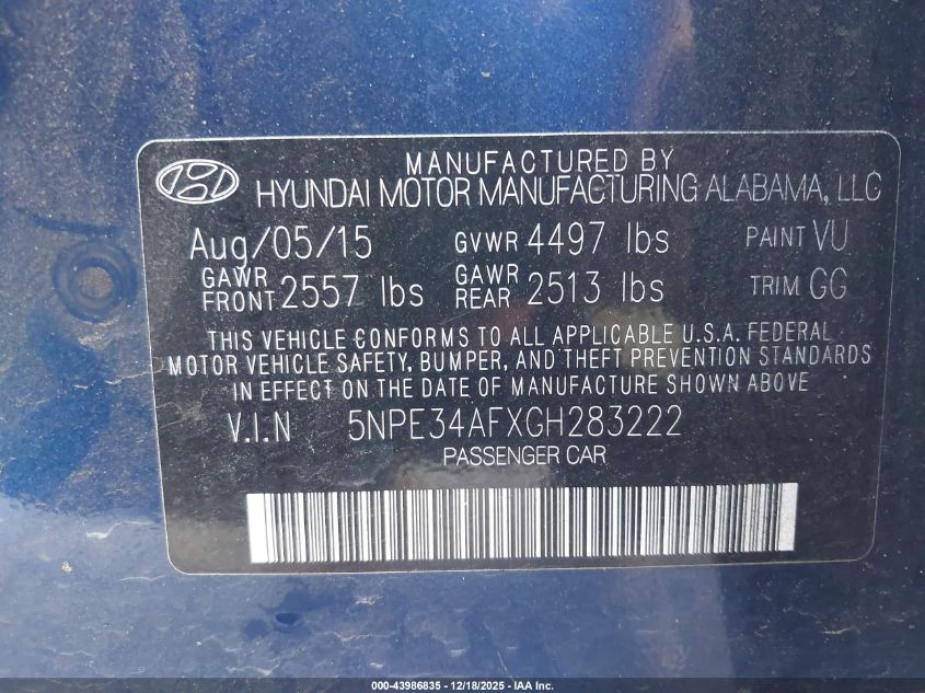 2016 Hyundai Sonata Limited VIN: 5NPE34AFXGH283222 Lot: 43986835