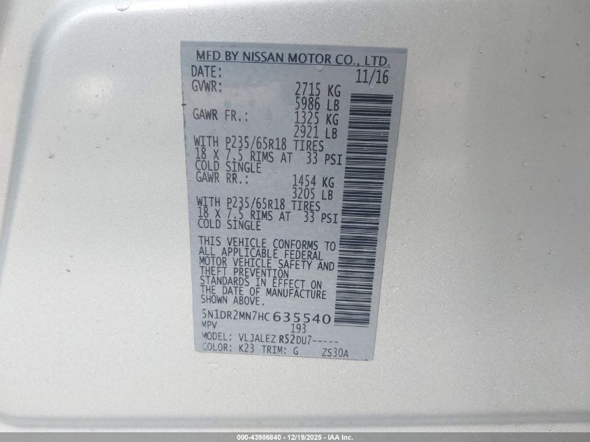 2017 Nissan Pathfinder Sv VIN: 5N1DR2MN7HC635540 Lot: 43986840