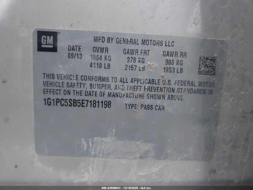 2014 Chevrolet Cruze 1Lt Auto VIN: 1G1PC5SB5E7181198 Lot: 43986841