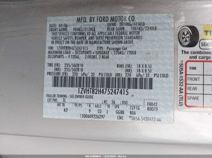 2007 Ford Mustang Gt Deluxe/Gt Premium VIN: 1ZVHT82H475247415 Lot: 43986843