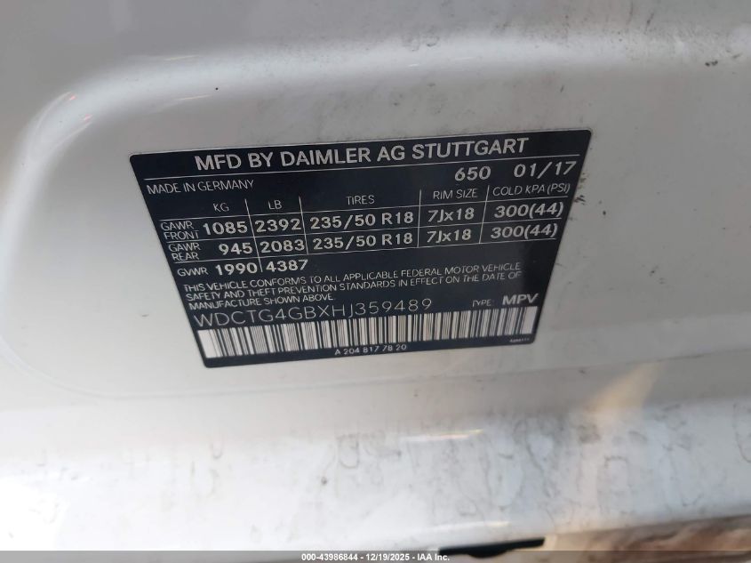 2017 Mercedes-Benz Gla 250 4Matic VIN: WDCTG4GBXHJ359489 Lot: 43986844