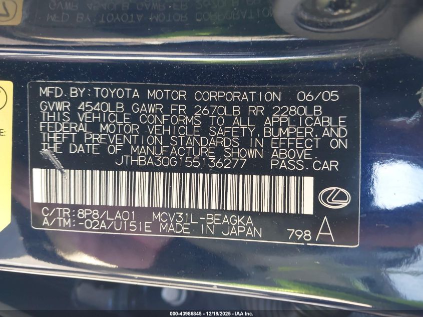 2005 Lexus Es 330 VIN: JTHBA30G155136277 Lot: 43986845