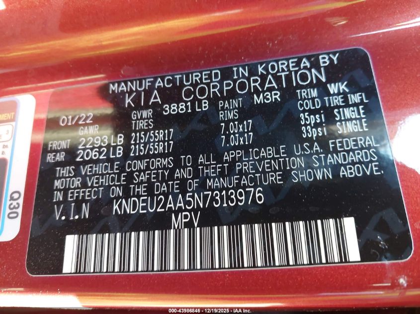2022 Kia Seltos S VIN: KNDEU2AA5N7313976 Lot: 43986846