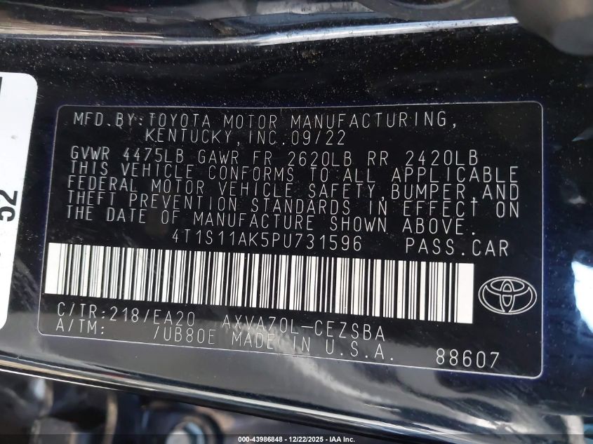 2023 Toyota Camry Se VIN: 4T1S11AK5PU731596 Lot: 43986848