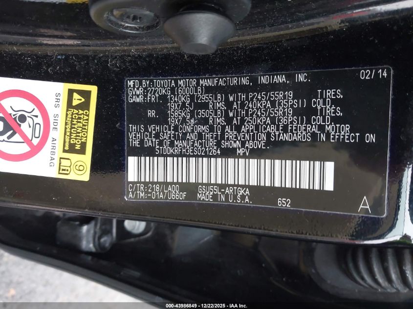 2014 Toyota Highlander Limited Platinum V6 VIN: 5TDDKRFH3ES021264 Lot: 43986849