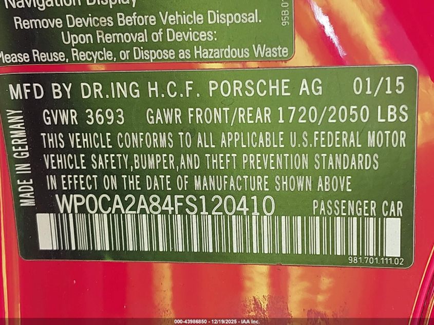 2015 Porsche Boxster VIN: WP0CA2A84FS120410 Lot: 43986850