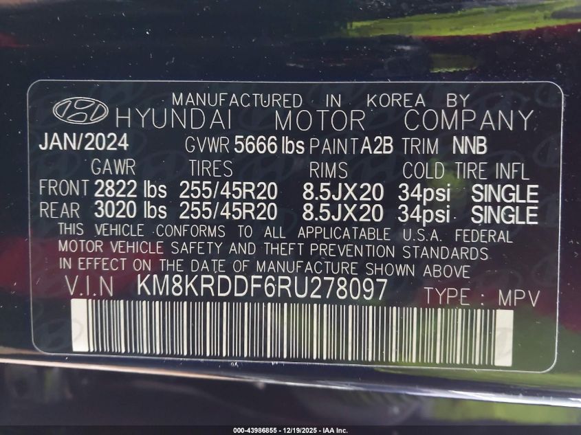 2024 Hyundai Ioniq 5 Limited VIN: KM8KRDDF6RU278097 Lot: 43986855