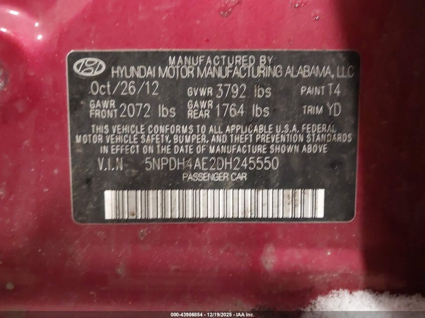 2013 Hyundai Elantra Gls VIN: 5NPDH4AE2DH245550 Lot: 43986854